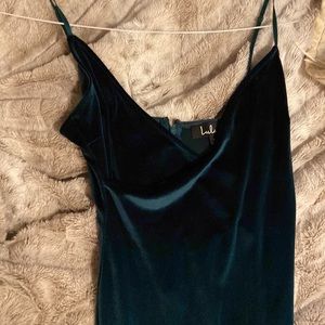 Velvet green spaghetti strap dress with slit